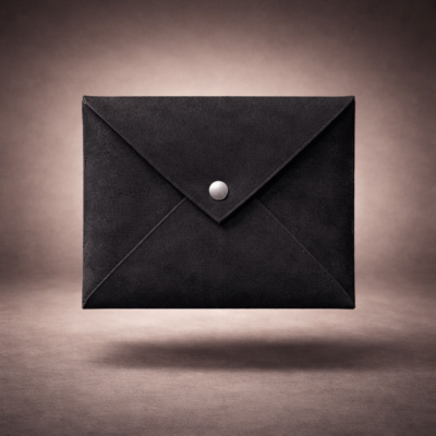 Open black suede envelope pouch with snap button detail, floating on taupe luxury background