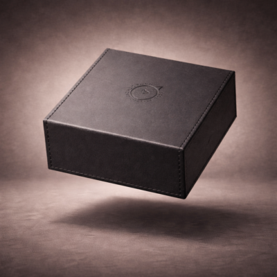 Black magnetic rigid gift box closed, floating on dark taupe background, luxury packaging UAE