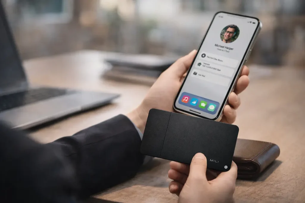 Professional using smart tracker business card in real-life scenario