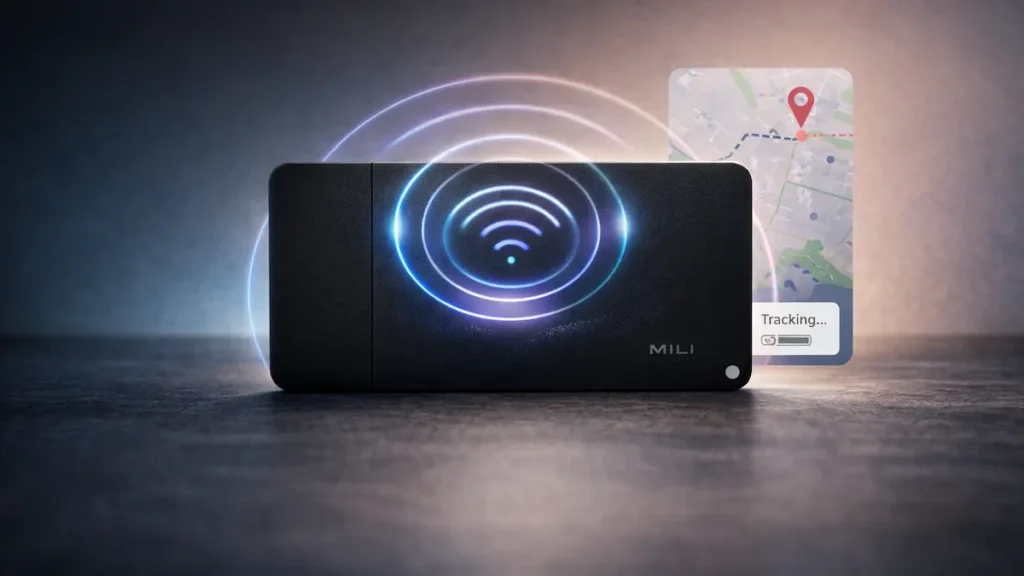 Smart tracker card showing NFC and tracking functionality