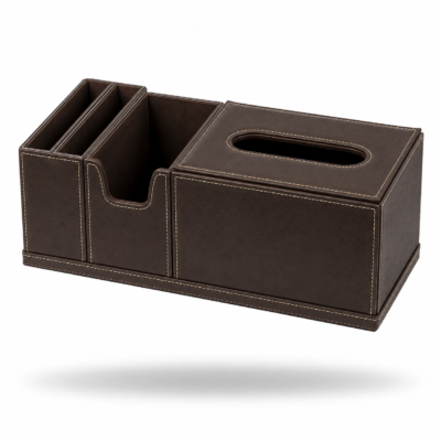 Premium PU Leather Multi-Function Desktop Organizer with Built-In Tissue Box — Luxury Hotel Room & Executive Office Caddy