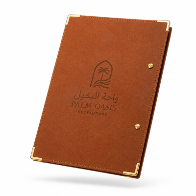 Premium PU Leather Restaurant Menu Folder — Custom Debossed Branding with Gold Corner Protectors