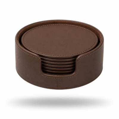 Premium PU Leather Round Coaster Set with Matching Holder — Custom Branded Drink Coasters for Hotels, Restaurants & Executive Tables